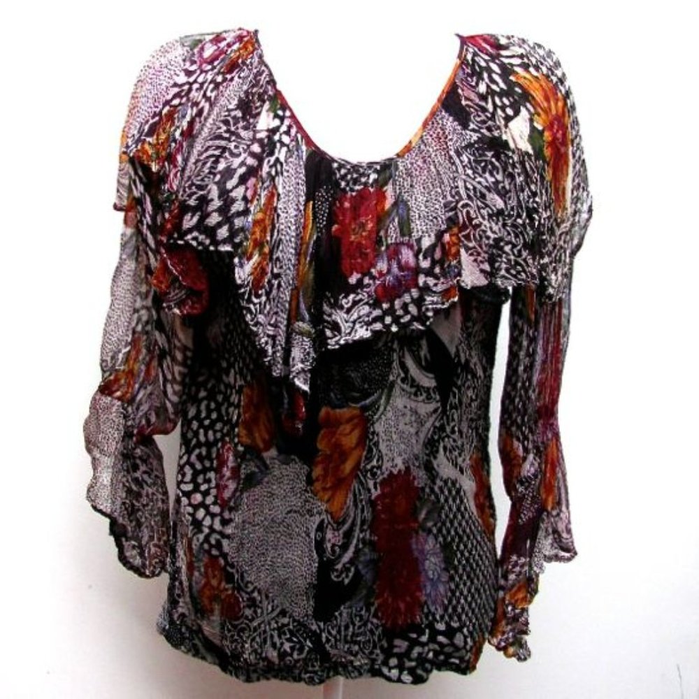 Vintage French Gear Boho Frilly Layered Blouse Floral Rayon Crepe  Size Small